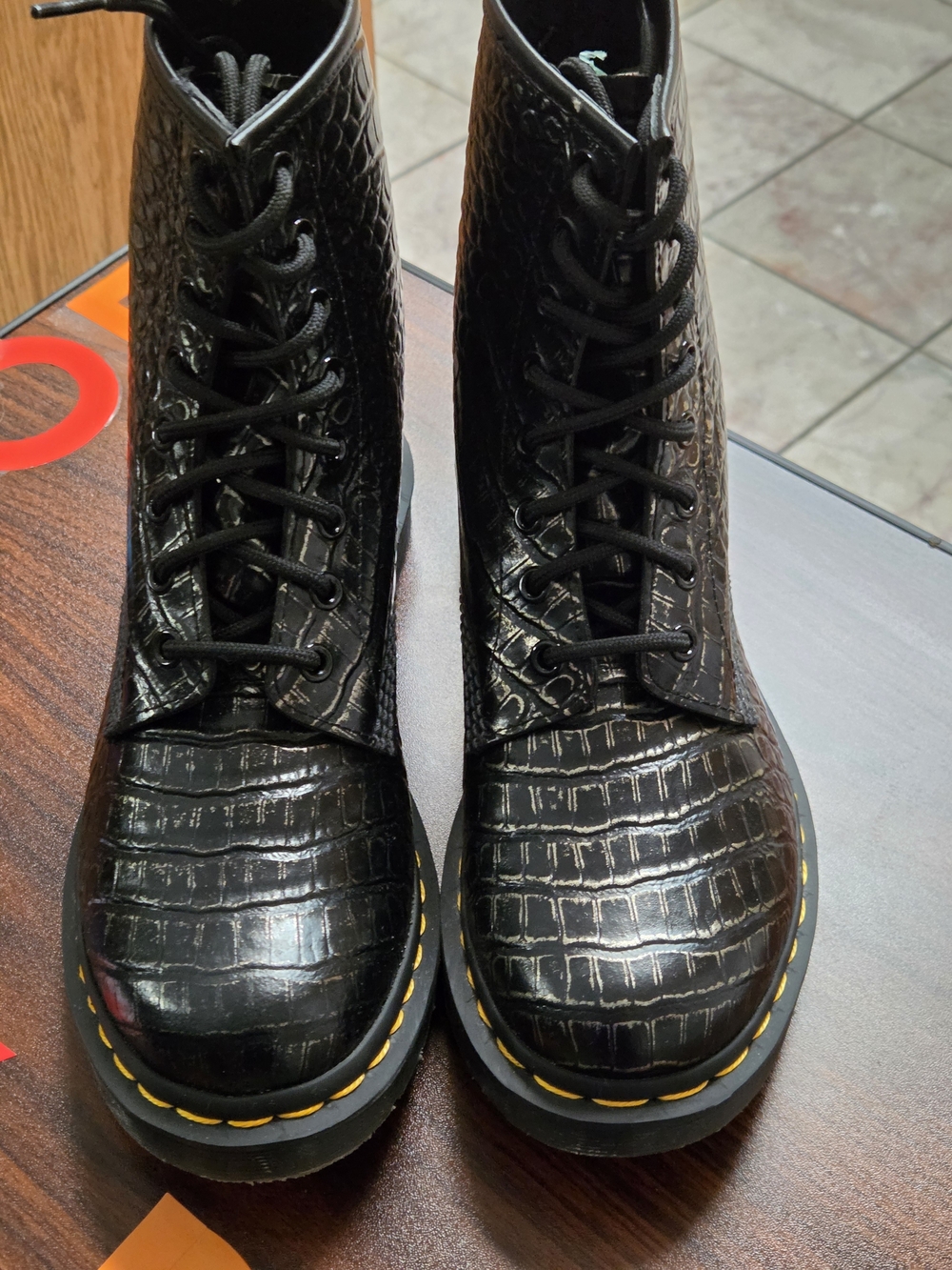 Black Croc-Embossed Lace-Up Dr. Martens Women's Boots